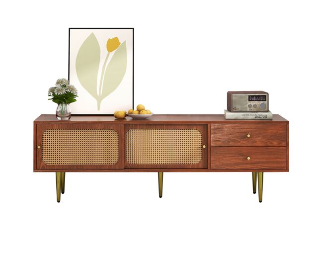 Móvel de tv 160x40x60 cm - estilo moderno com portas de correr em rattan e gavetas - nogueira e rattan escuro