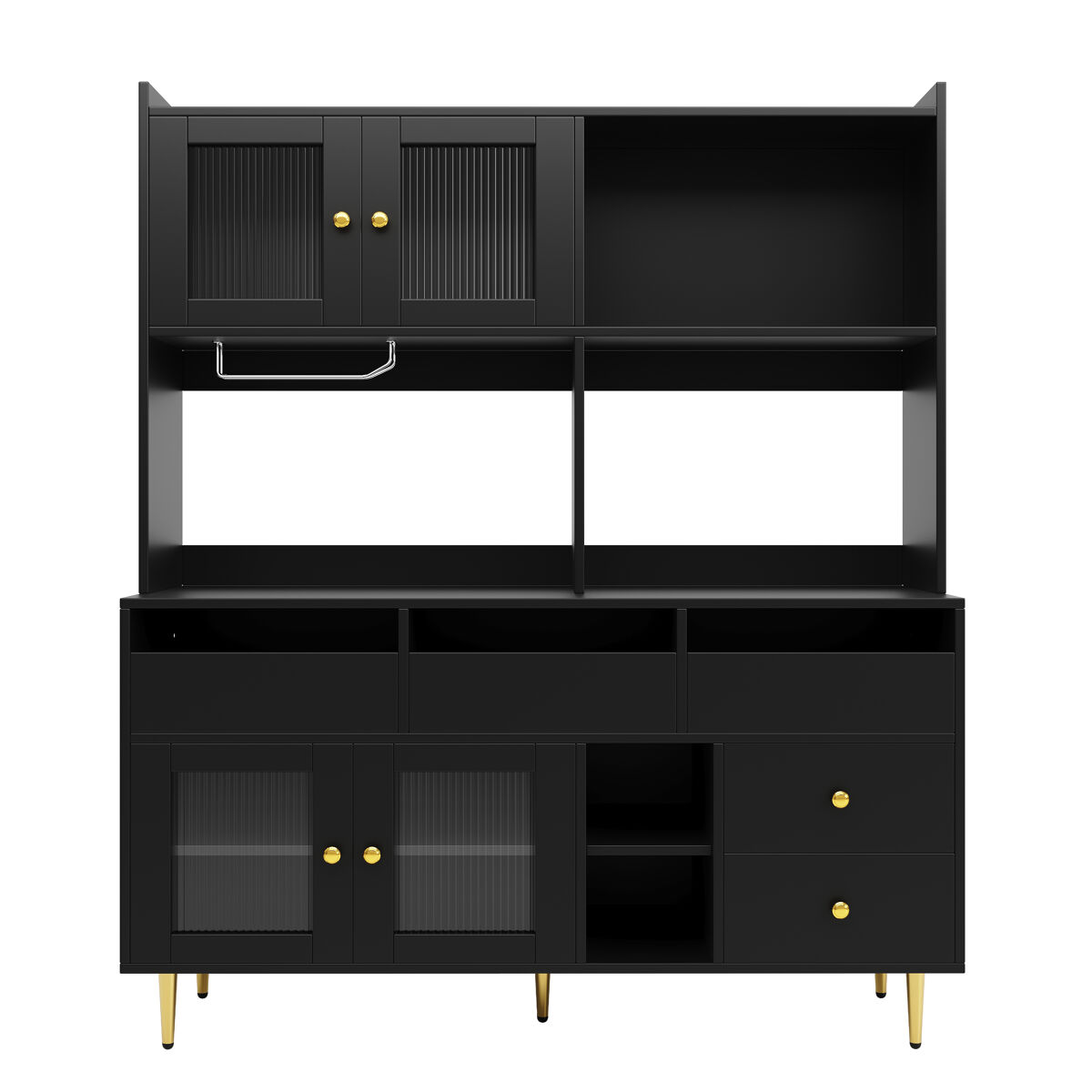 Armário de sala de jantar 145x39x171 cm - portas de vidro perfurado, prateleira para copos de vinho, armazenamento em várias camadas - preto com
