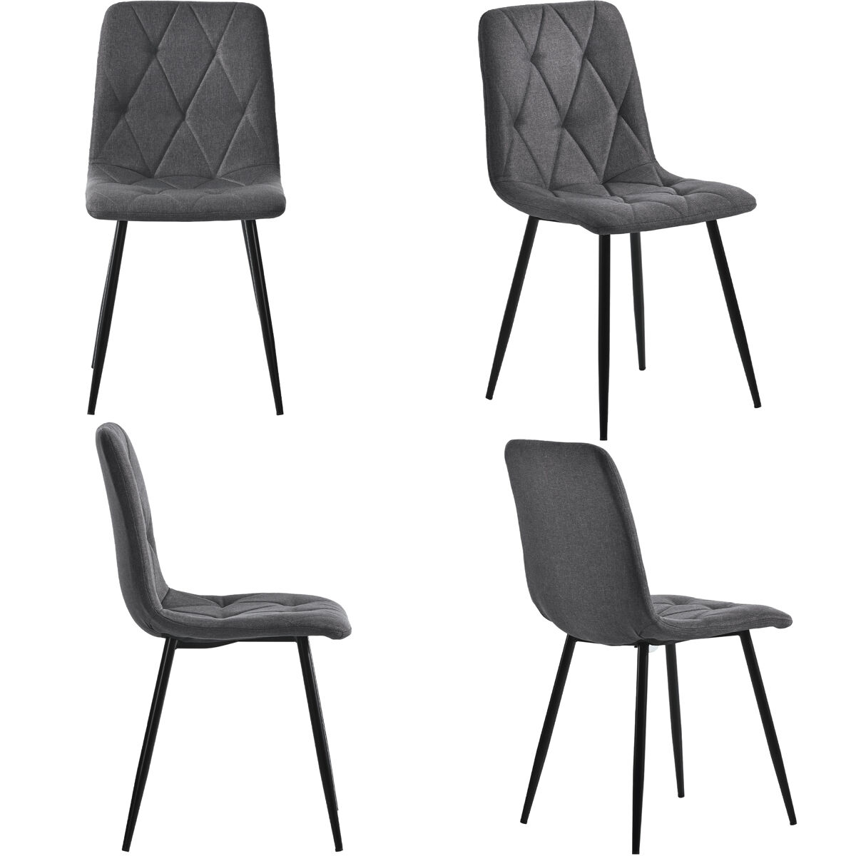 Cadeira de jantar (4 unidades), cinza escuro, cadeira de design com encosto, assento em linho twill, estrutura metálica, pernas metálicas
