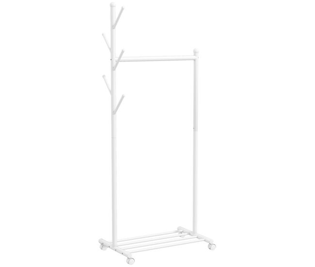 Homcom charriot com rodas charriot com 5 ganchos barra para pendurar e prateleira inferior charriot para dormitório lavandaria 68x43x171 cm branco