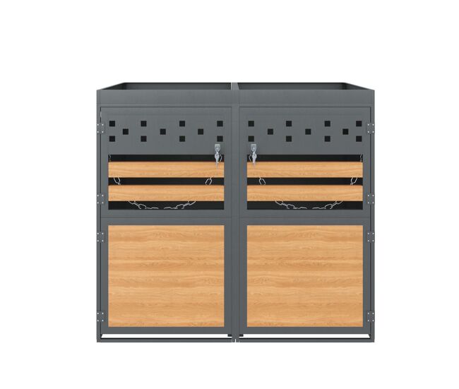 Caixa para caixotes do lixo 2 unidades 120-240 l - com teto de plantas, porta com efeito de madeira, opção de ampliação - cinza e natural