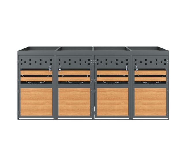 Caixa para caixotes do lixo 4 unidades - com teto de plantas, 120-240 litros - porta cinzenta com aspeto de madeira