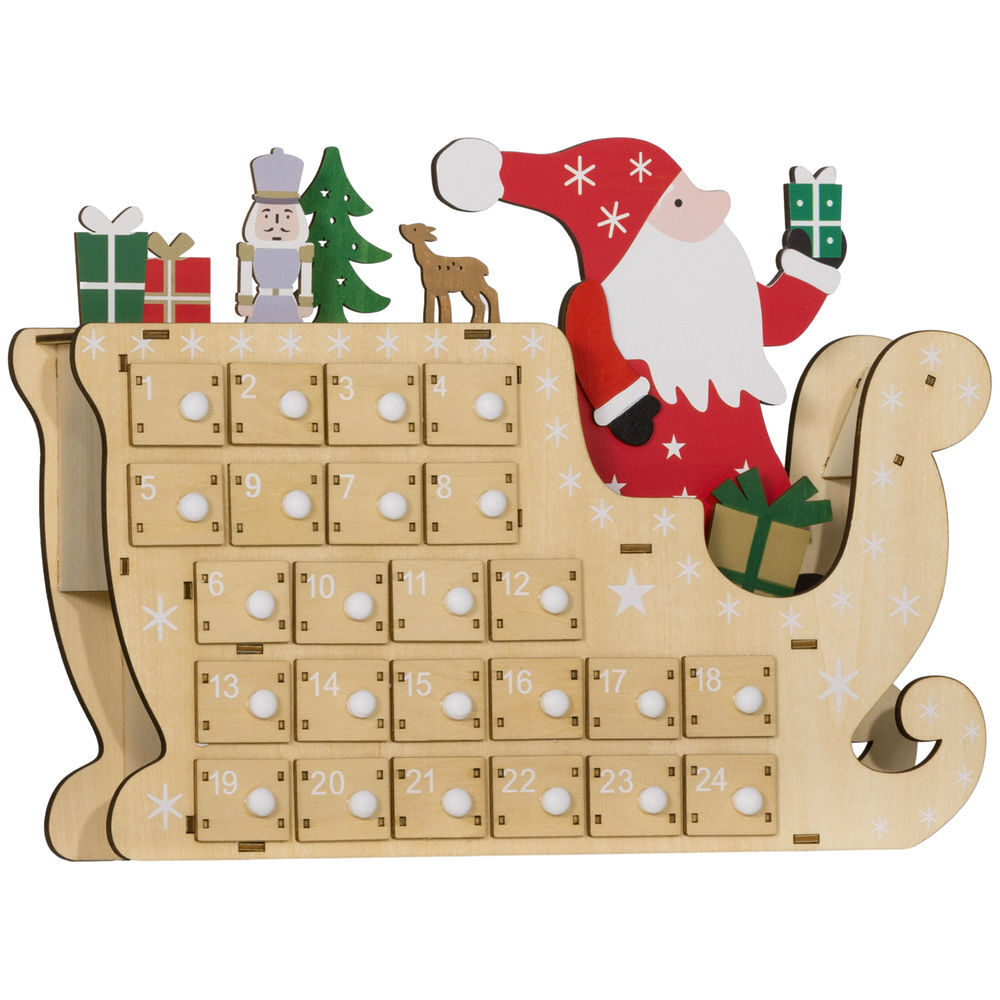 Homcom calendário do advento de madeira com 24 gavetas calendário do advento de natal decorado com pai natal no trenó decoração de natal 22,5x8x36 cm madeira e rouge