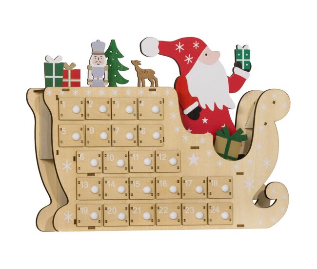 Homcom calendário do advento de madeira com 24 gavetas calendário do advento de natal decorado com pai natal no trenó decoração de natal 22,5x8x36 cm madeira e rouge