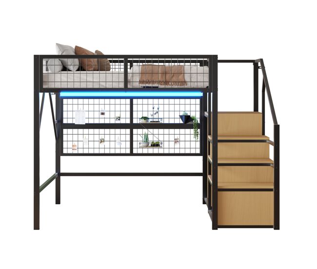 Cama alta metálica 140*200 - com luz led controlada por app, escadas com arrumação e armário aberto - preto