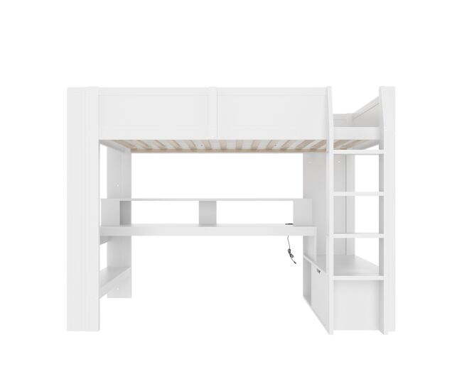 Cama alta 90x200 cm - cama gaming com secretária, com luzes led, gaveta, prateleiras - branco