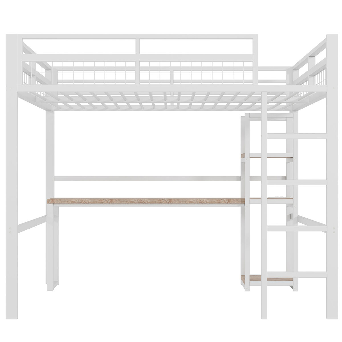Cama alta 140x200cm - estrutura em metal, várias prateleiras, secretária com tomada e usb tipo c, grade de proteção, escada - branco