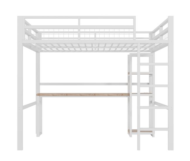 Cama alta 140x200cm - estrutura em metal, várias prateleiras, secretária com tomada e usb tipo c, grade de proteção, escada - branco