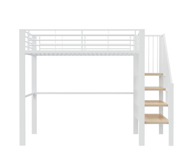 Cama alta de metal 140 x 200 cm - estrutura estável com amplo espaço de arrumação debaixo da cama e escada, ideal para crianças e adultos - branco