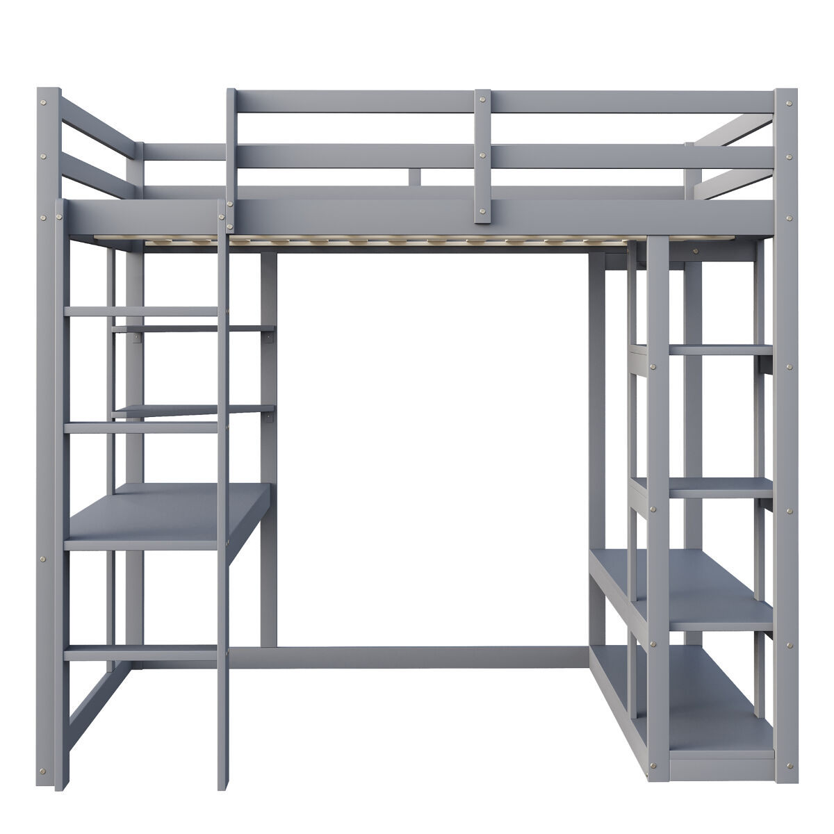 Cama alta 140*200 cm - com mesa e prateleiras, com ganchos e compartimentos, laminada - cinza