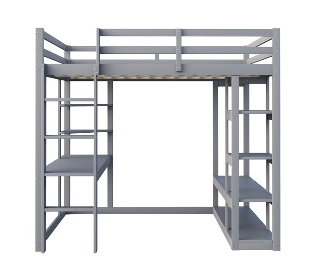 Cama alta 140*200 cm - com mesa e prateleiras, com ganchos e compartimentos, laminada - cinza