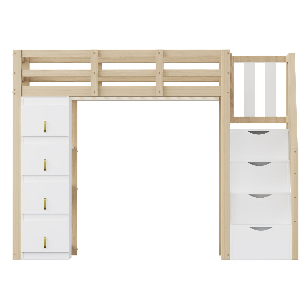 Cama alta 90 x 200 cm - madeira maciça multifuncional com gavetas, prateleiras múltiplas e escada segura com arrumação - natural