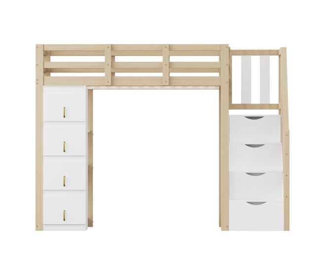 Cama alta 90 x 200 cm - madeira maciça multifuncional com gavetas, prateleiras múltiplas e escada segura com arrumação - natural