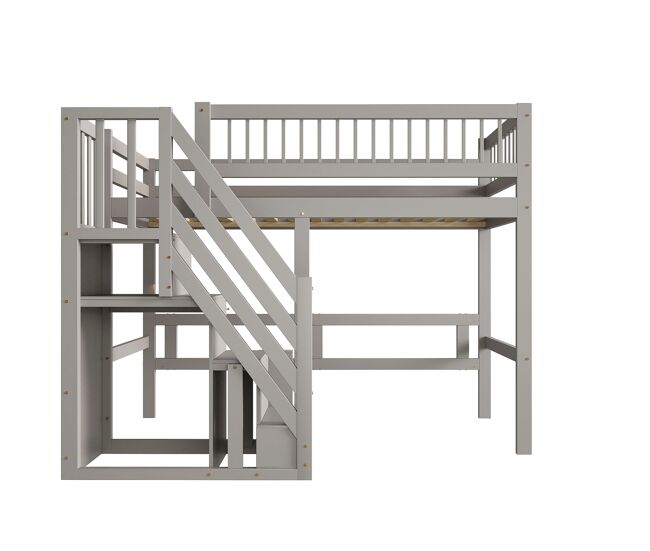 Cama alta em madeira maciça 90x200 - com escada e armário de arrumação, cama individual para crianças e jovens - cinzenta