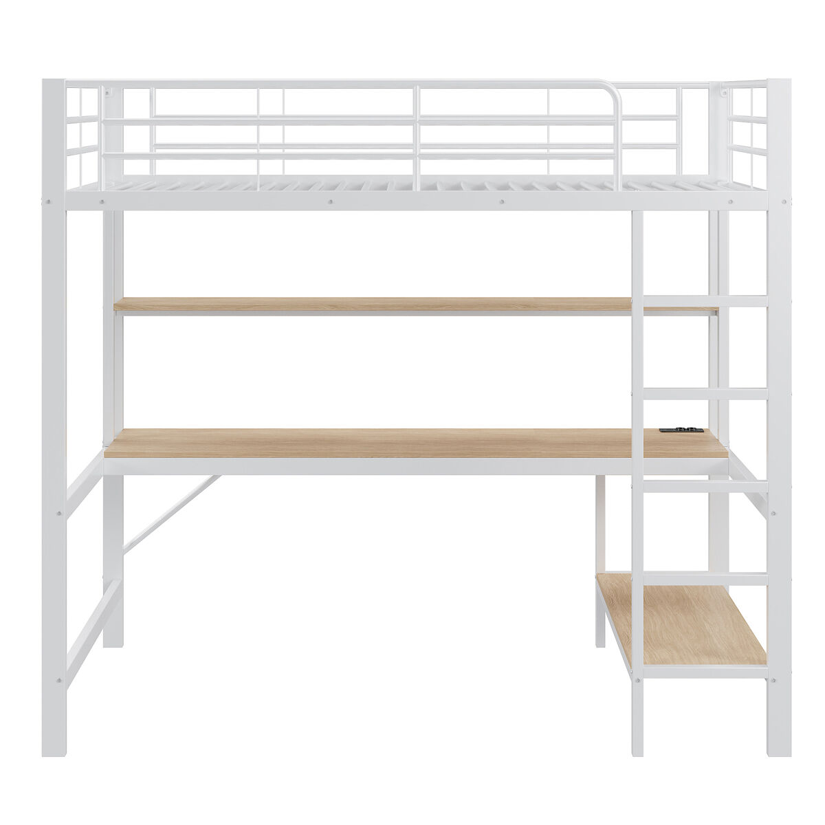 Cama alta 90x200cm - com corrimão, escada, usb e tomada, com luzes led, secretária, estante multifuncional - branco