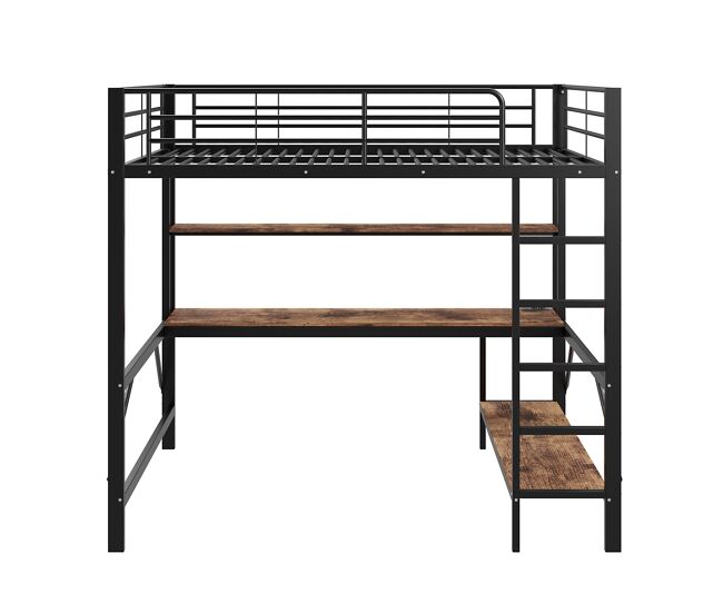 Cama alta 140 x 200 cm - com grade, escada, porta usb e tomada, luzes led, escrivaninha e estante multinível, sem colchão, metal - preto