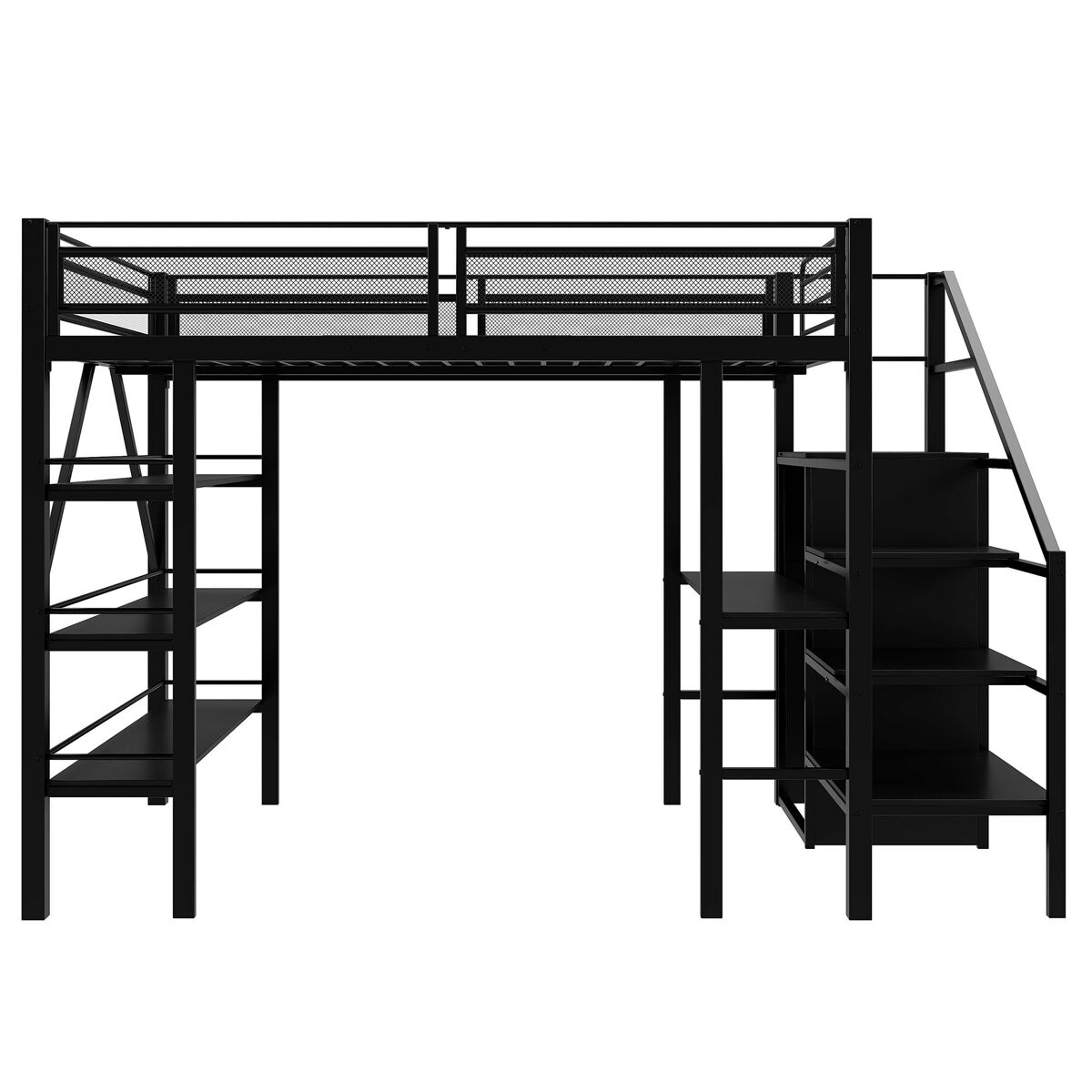 Cama alta 140*200 cm - estante de três níveis, secretária, armário, escada de segurança com espaço de arrumação, design com cerca alta, cama de ferro,
