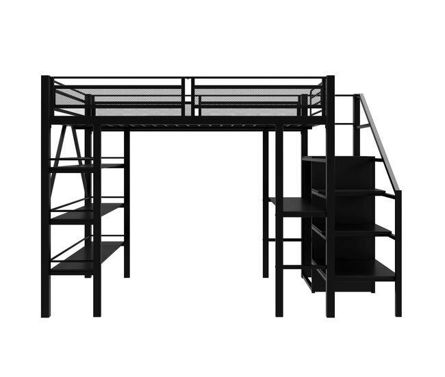 Cama alta 140*200 cm - estante de três níveis, secretária, armário, escada de segurança com espaço de arrumação, design com cerca alta, cama de ferro,