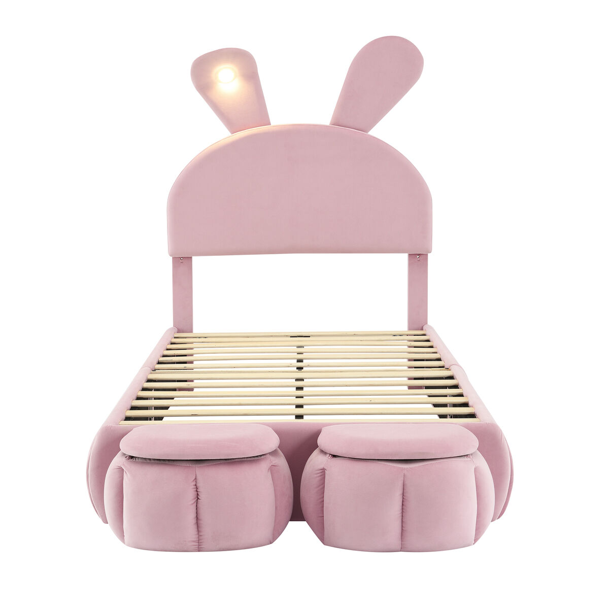 Cama individual 90x200cm - cama com orelhas de coelho, fitas de luz quente ajustáveis, 2 bancos com arrumação - rosa