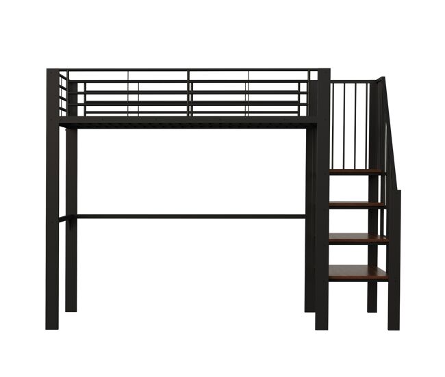 Cama alta de metal 90 x 200 cm - estrutura estável com amplo espaço de arrumação debaixo da cama e escada, ideal para crianças e adultos - preto