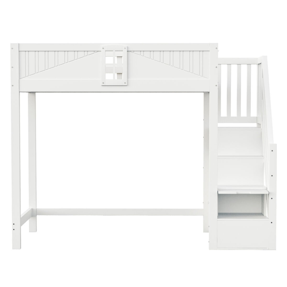 Cama alta em madeira maciça 90 x 200 cm - porta de segurança com janela, escada lateral com prateleiras intercambiáveis - branco