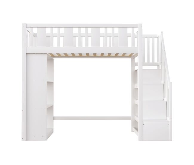 Cama alta 90x200 cm - cama infantil com escada de arrumação, cama multifuncional com grandes compartimentos, cama juvenil em madeira - branco
