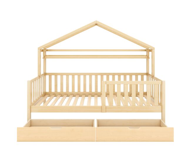 Cama infantil juvenil 90x200 - design em forma de casinha com gavetas e estrado em madeira maciça de pinho - natural