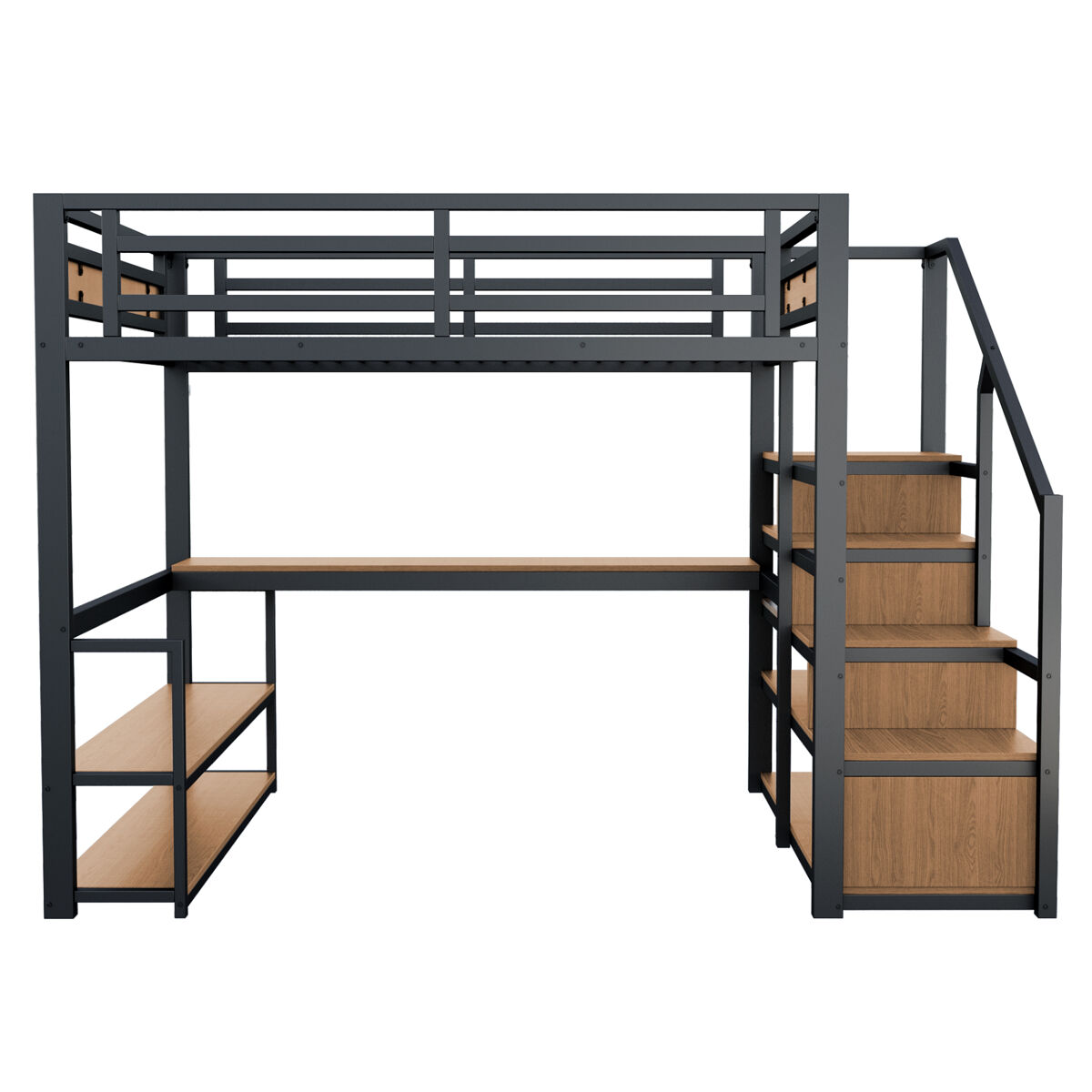 Cama alta de metal 140x200 - cama com escada de arrumação, prateleiras e mesa, design com grades de segurança e painéis de metal, estrutura metálica