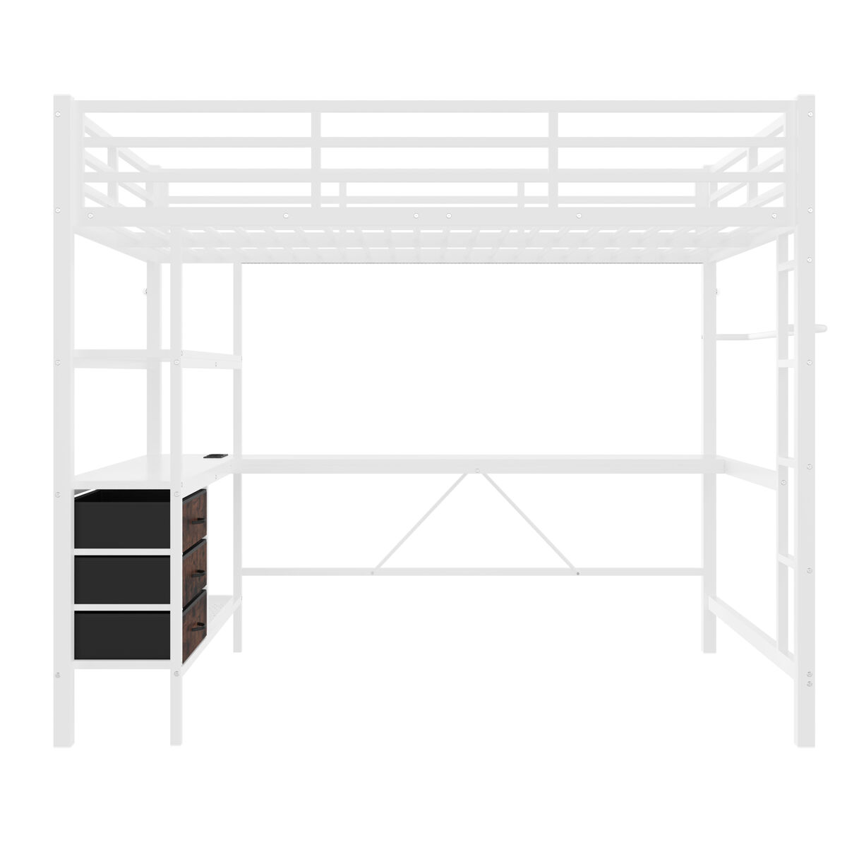 Cama alta 140*200 cm - com luzes led, secretária, tomada + usb, 3 gavetas, prateleiras, grade, escada - branco