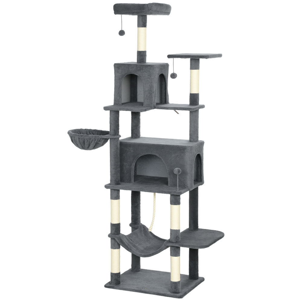 Pawhut arranhador para gatos 202 cm torre de escalada com plataformas plataformas caverna postes de sisal bolas e corda para brincar cinzento