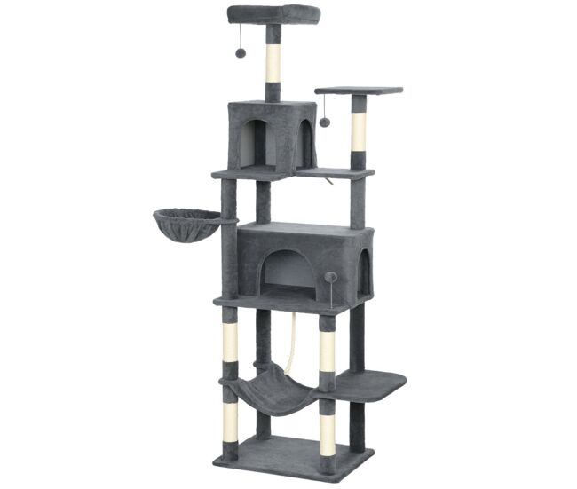 Pawhut arranhador para gatos 202 cm torre de escalada com plataformas plataformas caverna postes de sisal bolas e corda para brincar cinzento