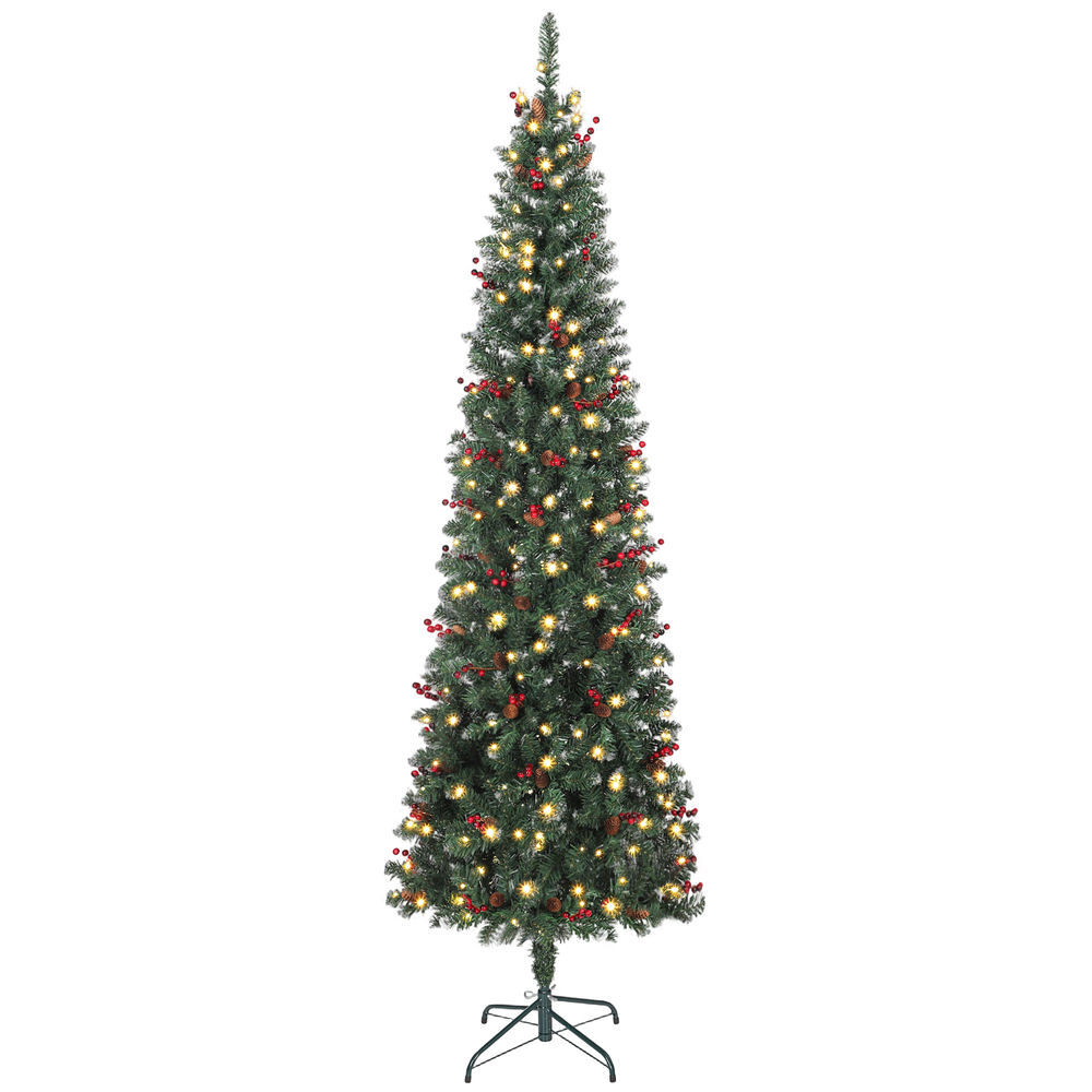 Homcom árvore de natal slim 230 cm árvore de natal artificial com luzes led branco quente 8 modos de iluminação 761 ramos com purpurina prateada
