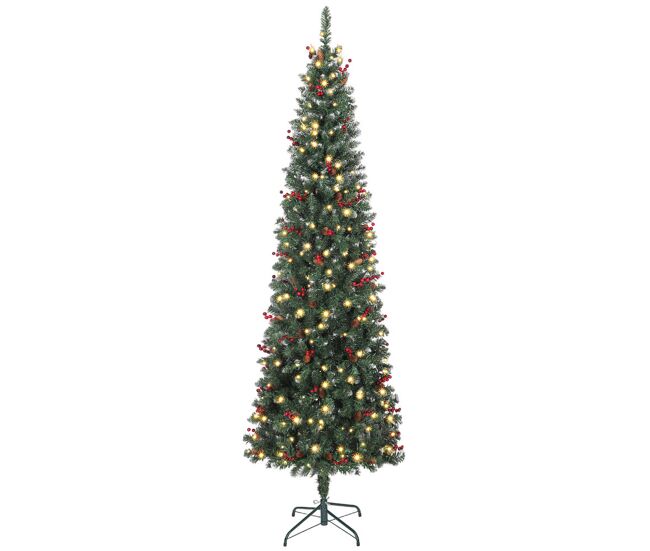 Homcom árvore de natal slim 230 cm árvore de natal artificial com luzes led branco quente 8 modos de iluminação 761 ramos com purpurina prateada