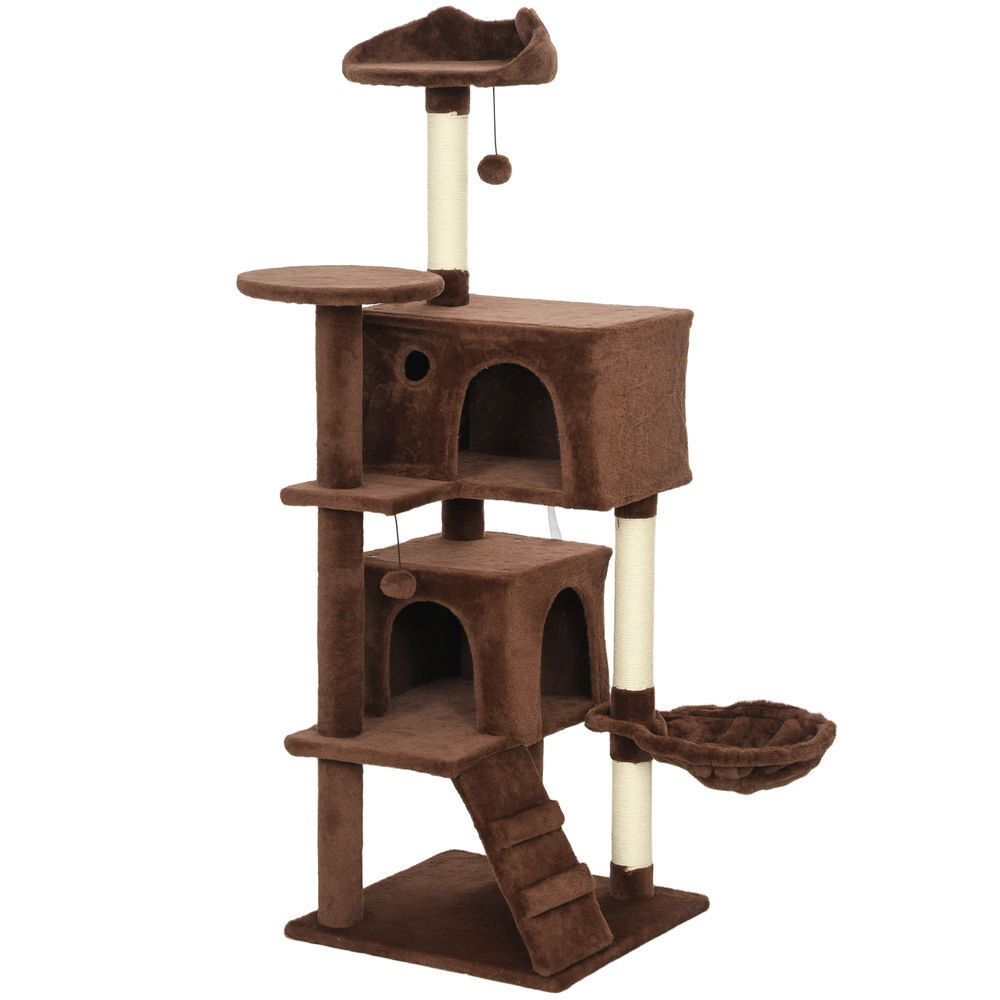 Pawhut arranhador para gatos 140 cm torre de escalada com múltiplas plataformas cama 2 cavernas rede escada postes de sisal bolas para brincar marrom