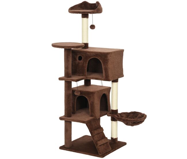Pawhut arranhador para gatos 140 cm torre de escalada com múltiplas plataformas cama 2 cavernas rede escada postes de sisal bolas para brincar marrom