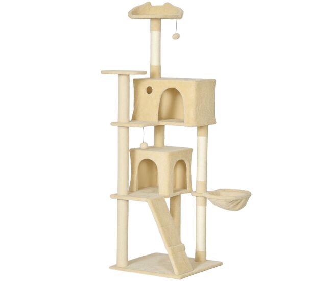 Pawhut arranhador para gatos 180 cm torre de escalada com múltiplas plataformas cama 2 cavernas rede escada postes de sisal bolas para brincar bege