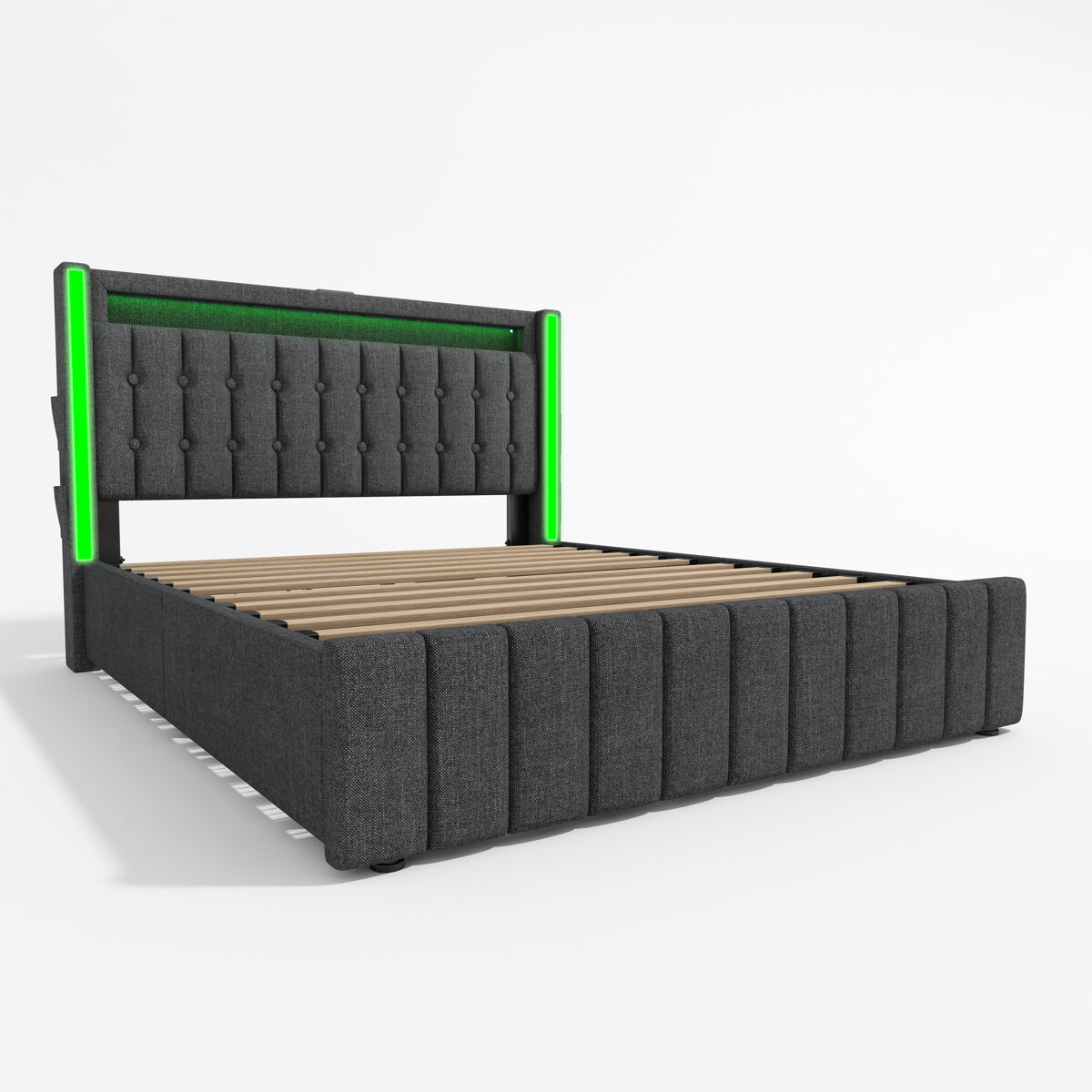 Cama estofada 160x200 cm - com usb, led e 4 gavetas de arrumação - cinza