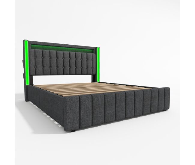 Cama estofada 160x200 cm - com usb, led e 4 gavetas de arrumação - cinza