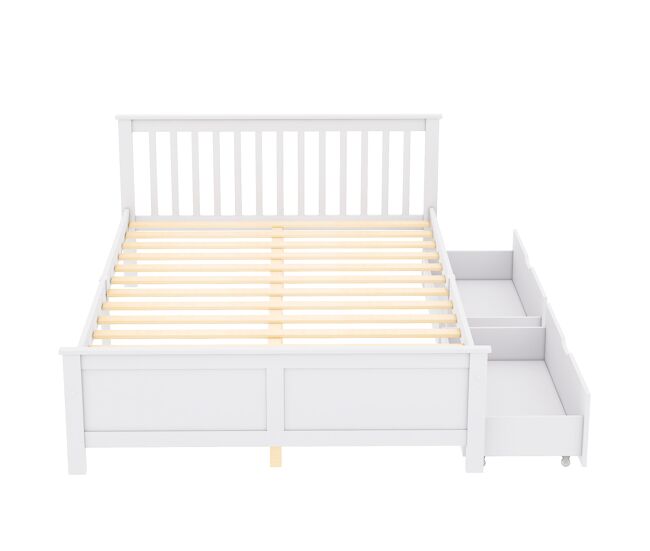 Cama de casal em madeira 140x200cm - com gavetas de arrumação, estrutura em pinho - branco