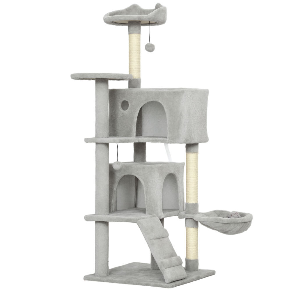 Pawhut arranhador para gatos 140 cm torre de escalada com múltiplas plataformas cama 2 cavernas rede escada postes de sisal bolas para brincar