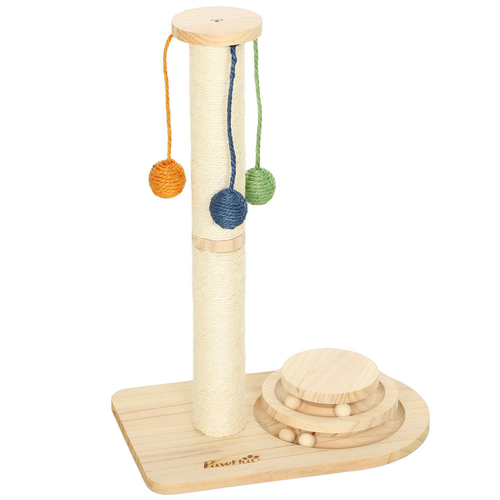 Pawhut poste arranhador para gatos altura 56,5 cm arranhador para gatos com 3 bolas suspensas brinquedo de bola de pista e poste de sisal madeira