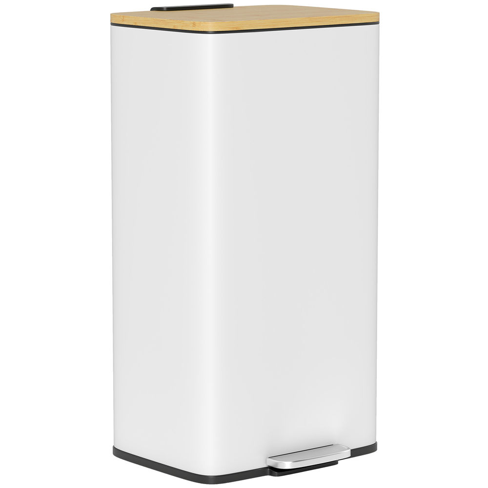 Homcom balde de lixo de cozinha com pedal 20l tampa de bambu com fecho suave balde de cozinha com balde interior removível anti-impressões digitais