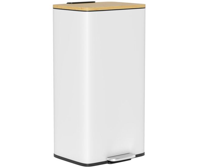 Homcom balde de lixo de cozinha com pedal 20l tampa de bambu com fecho suave balde de cozinha com balde interior removível anti-impressões digitais