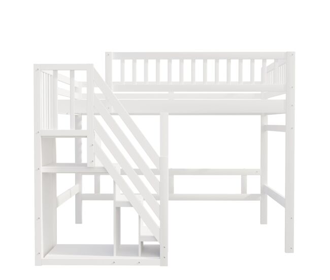 Cama alta em madeira maciça 140x200 - com escada, armário de arrumação e grade alta, cama para crianças e jovens - branco