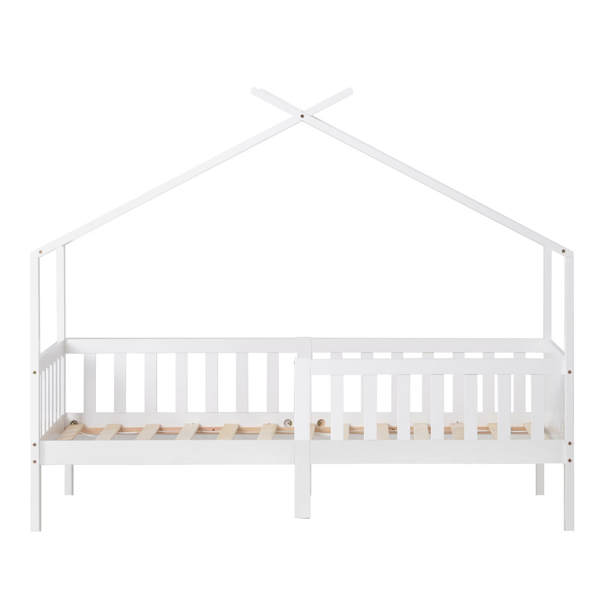 Cama casa 200x90 cm - cama infantil em madeira maciça com grade e estrado, com proteção anti-queda - branca