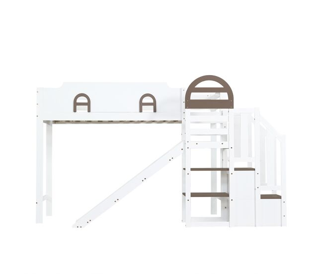 Beliche 90x200cm - com janela, escorregador, escada com corrimão, 2 gavetas na escada, design versátil, grande capacidade de armazenamento - branco+