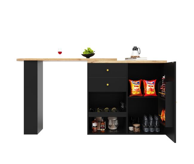 Mesa de bar giratória 105x39x102 cm - 2 gavetas, armário com porta deslizante, 3 níveis de armazenamento aberto - preto