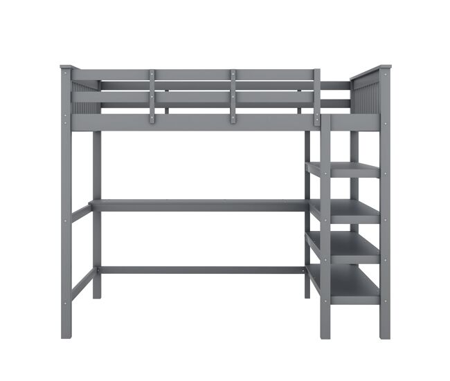 Cama alta 140x200 - cama infantil com prateleiras e secretária por baixo - cinza