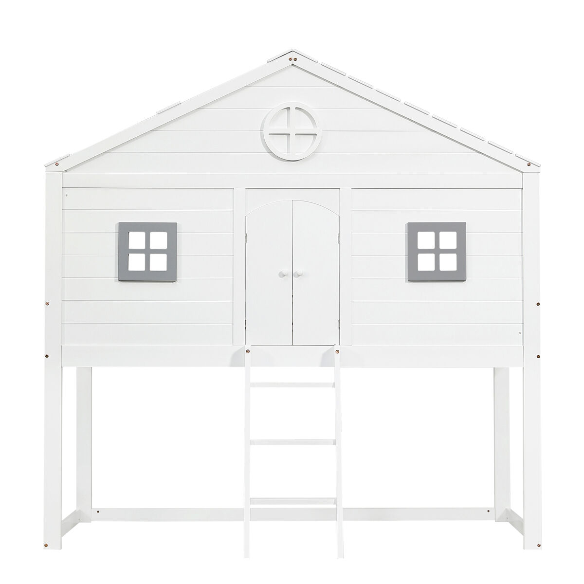 Cama tipo casa 90x200cm - com escada, proteção anticaídas, duas janelas cinzentas - branco+cinza