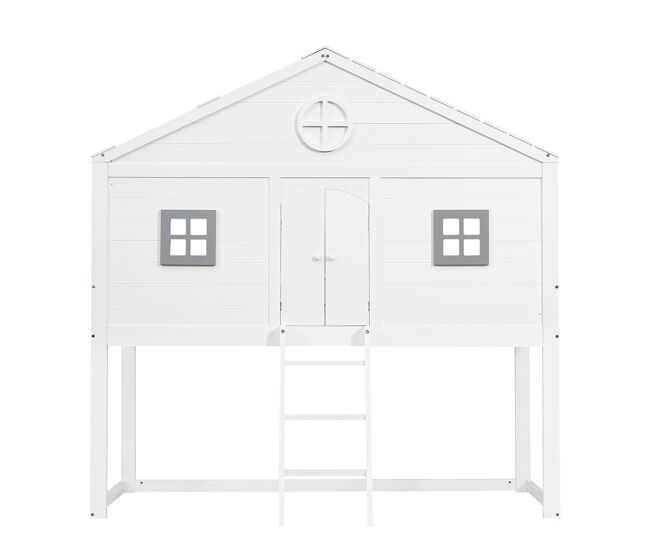 Cama tipo casa 90x200cm - com escada, proteção anticaídas, duas janelas cinzentas - branco+cinza